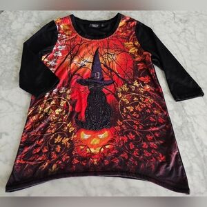 Onque Embellished Halloween Cat Pumpkin 3/4 Sleeve Top‎ Women's Size Small